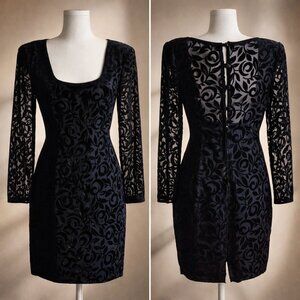 Vintage 90s Black Velvet Burnout Floral Cocktail Dress | Long Sleeve Sheer Y2K